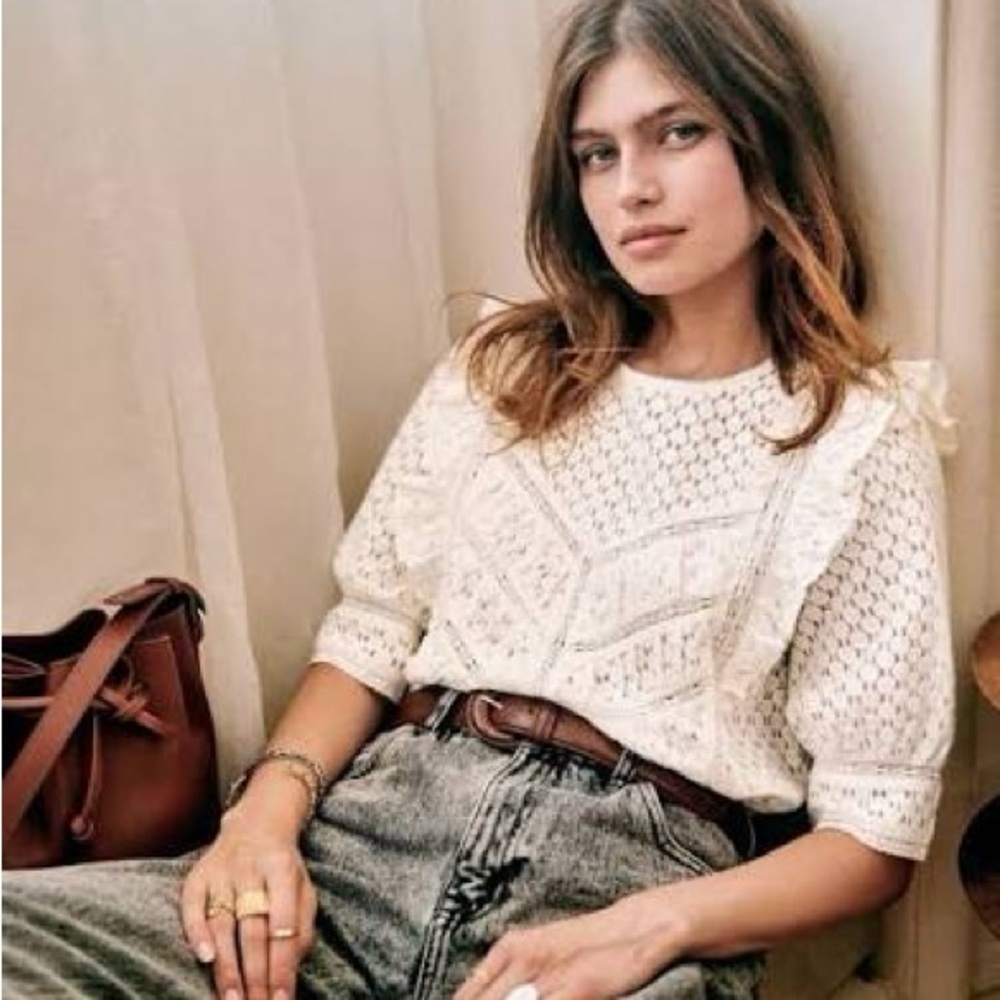 Sezane Falon Cream Ruffled Embellished Blouse